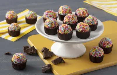 Fotografía en tonos de amarillo sobre una encimera gris oscuro con servilletas amarillas a rayas. En el centro, un tablero amarillo con un soporte de dulces blanco que sostiene los moldes de chocolate con brigadeiros con dulces de colores.