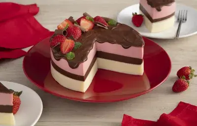 Fotografía en tonos rojos sobre una encimera de madera clara con una placa roja en el centro con la tarta napolitana cortada por la mitad con un glaseado de chocolate cayendo y fresas para decorar. Al lado, paños rojos y fresas esparcidos sobre la mesa.